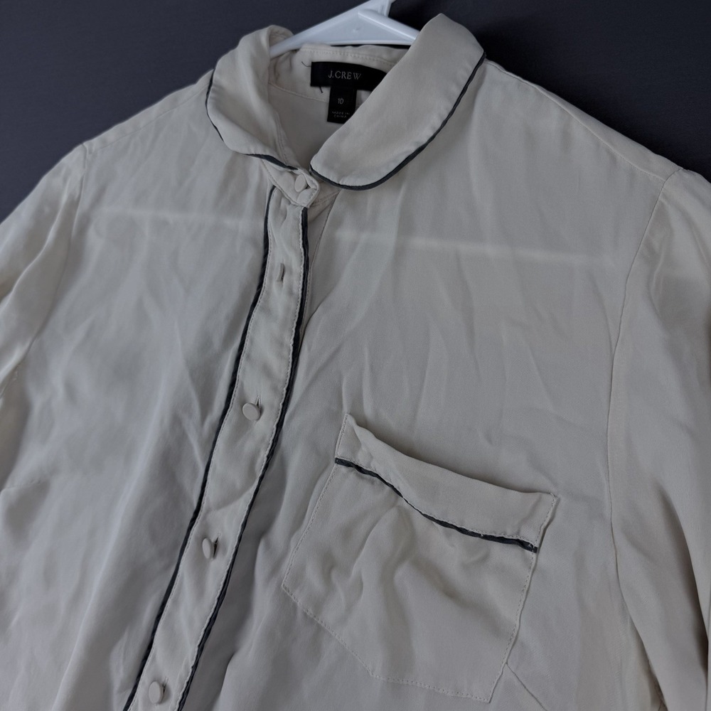 J.Crew Beige/Black Silk Collared Button-Down Blouse 10 Long Sleeve Pocket - Picture 1 of 11